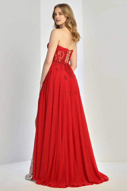 Dress A Line Corset Slit Formal Dress Chiffon Strapless Sleeveless Prom Dress With Hight Slit