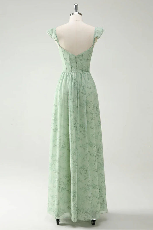 Dress A Line Green Flower Ruffles Straps Prom Dress With Split Front