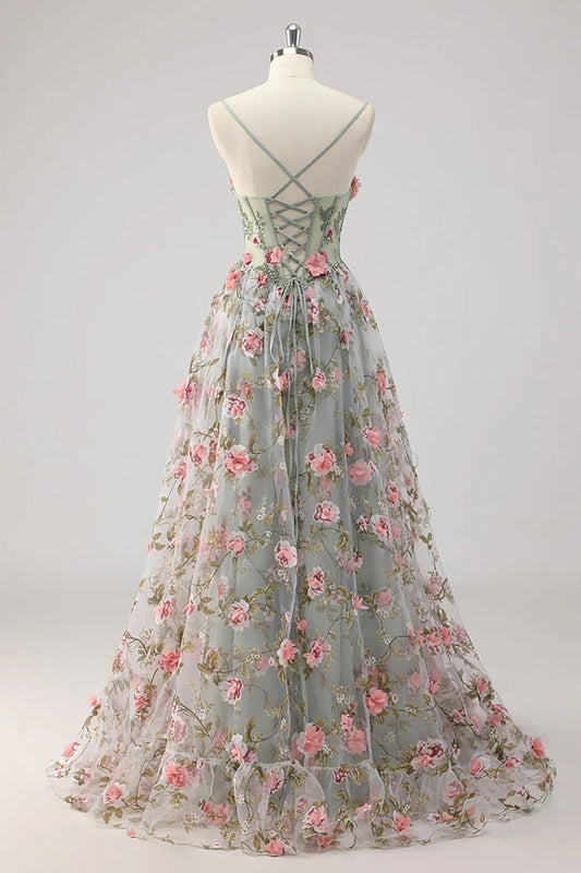 Dress A Line Grey Green Beaded Corset Sweep/Brush Train Evening Dress With Flowers Prom Dress