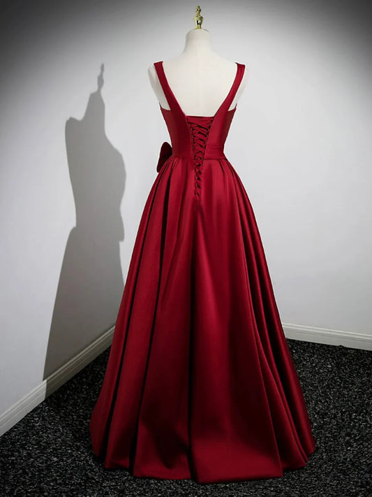 Dress A Line Wide Straps Burgundy Satin Long Prom Dress with Flower Party Dress