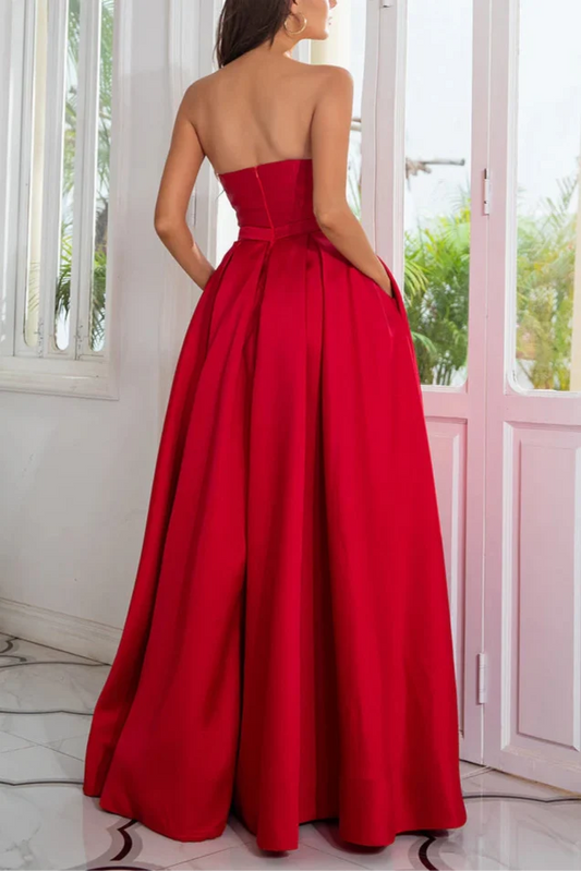 Dress A line Strapless Red Long Party Dress With Split Front Prom Dress
