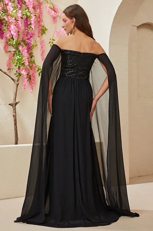 Dress Black A-line Off The Shoulder Chiffon Party Dress Maxi Dress Sleeveless With Sequins Prom Dress