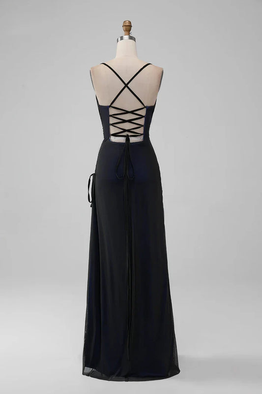 Dress Black Blue Spaghetti Straps Mermaid Pleated Lace Up Prom Dress With Slit