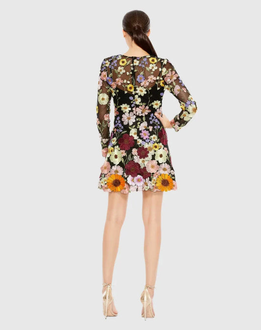 Dress Black Floral Embroidered Long Sleeve Mini Dress Evening Dress A-Line Illusion High Neck Prom Dress