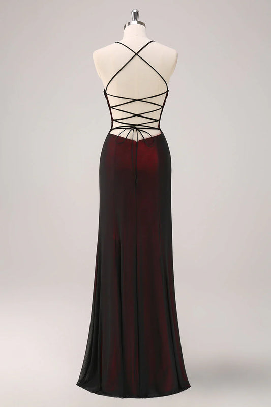 Dress Black Red Spaghetti Straps Backless Mermaid Bridesmaid Dress with Beading Prom Dress