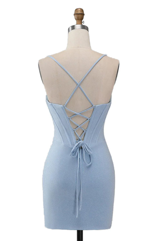 Dress Blue Floral Neck Ruched Bodycon Short Dress