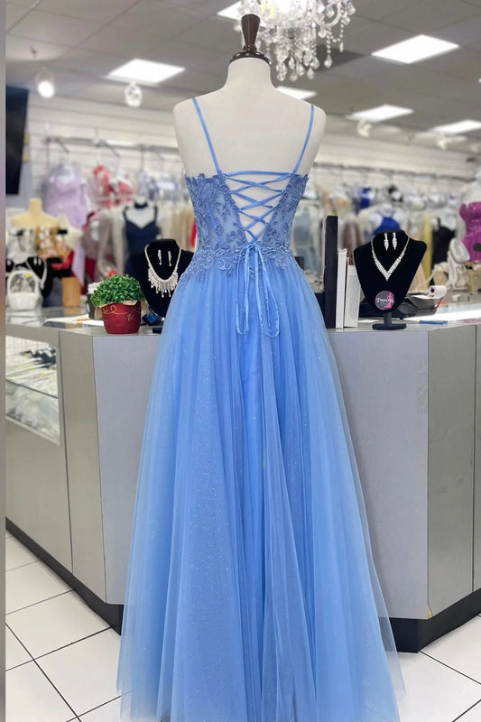 Dress Blue Lace Appliques A-line Long Formal Gown Prom Dress