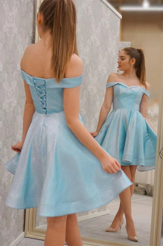Dress Blue Off the Shoulder Short A-line Party Dress Sleeveless Lace Up Homecoming Dress