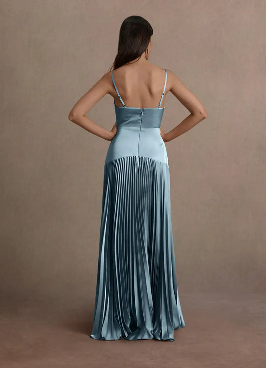 Dress Blue Spaghetti Straps V Neck Elegant Maxi Dress Prom Dress Sleeveless Backless Satin A-Line Evening Dress
