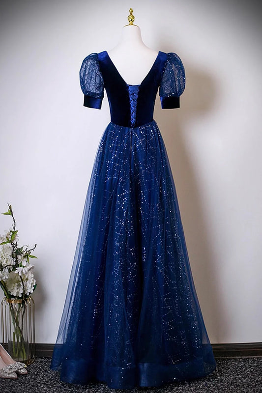 Dress Blue Velvet and Tulle Sequins Long Prom Dress Blue Evening Lace-up Party Dress