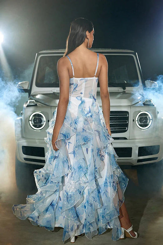 Dress Blue White Flower Corset Tulle A Line V Neck Spaghetti Straps Maxi Dress Prom Dress Formal Dress With Ruffles Evening Dress