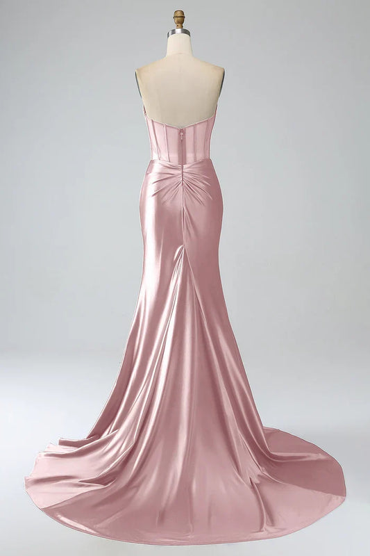 Dress Blush Pink Mermaid Strapless Pleated Corset Party Dress Maxi Dress With Slit Prom Dress