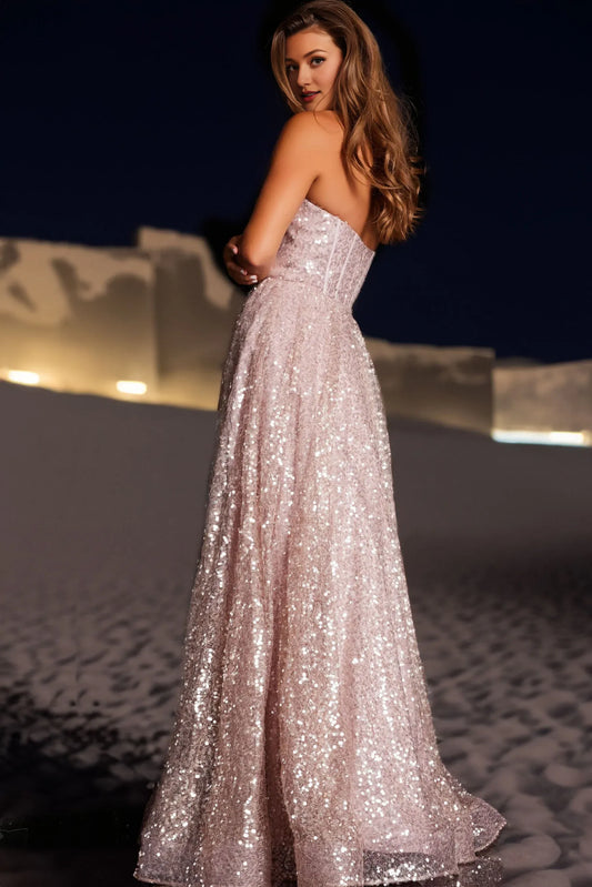 Dress Blush Sequined Strapless Gown Ball Gown Silhouette High Slit Sparkling Finish Embracing Opulent Elegance Prom Dress