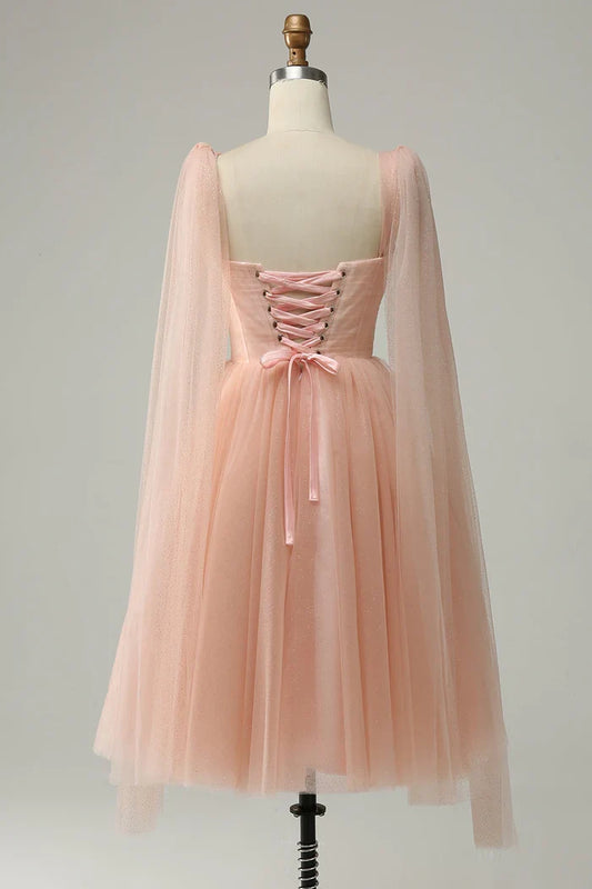 Dress Blush Tulle A-Line Homecoming Dress Strapless Sleeveless Lace Up Prom Dress