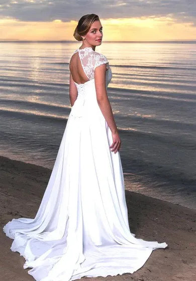 Dress Cap Sleeve A-Line Chiffon V-Neck Dress With Keyhole Back Wedding Dress