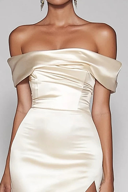 Dress Champagne Off The Shoulder Satin Mermaid Prom Dress With Slit