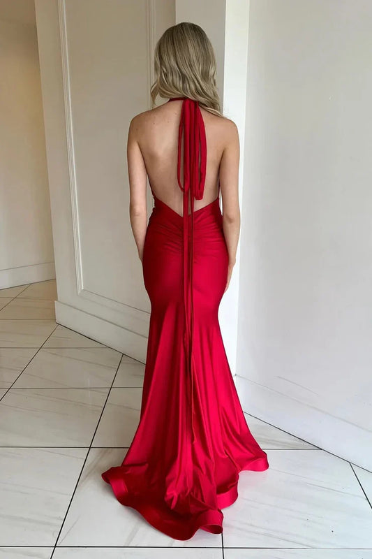 Dress Charming Halter Mermaid Deep V Neck Red Satin Open Back Prom Dress