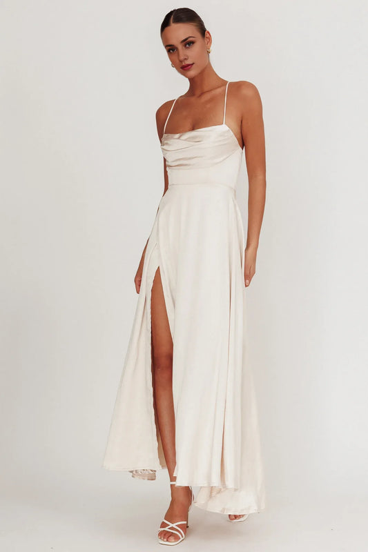 Dress Chic Wine Red Satin Maxi Dress with Cowl Neck Spaghetti Straps High Thigh Slit and Flowy Hem Prom Dress