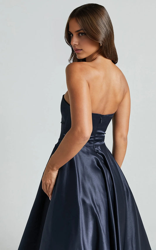 Dress Classic Strapless A-Line Navy Midi Dress Solid Color Sleeveless Backless Satin Party Evening Dress