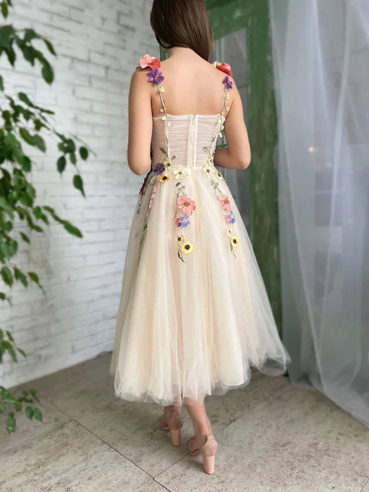 Dress Corset A-Line Champagne Backless Sleeveless Midi Homecoming Dress With 3D Flowers