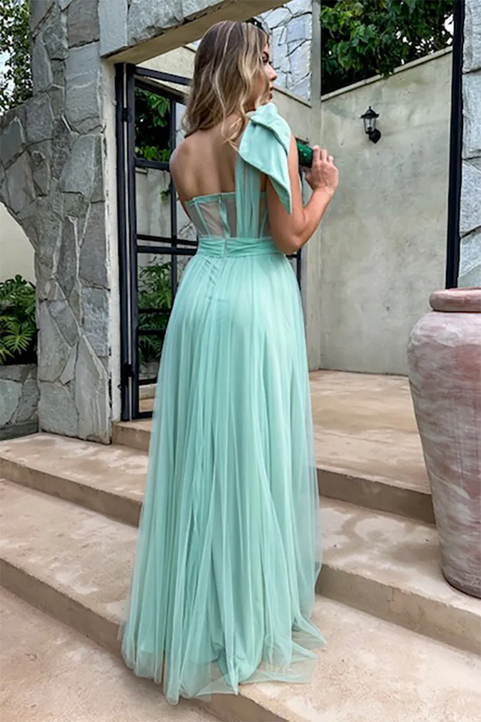 Dress Corset Design One Shoulder Tulle Gowns Maxi Dresses Green Prom Dress