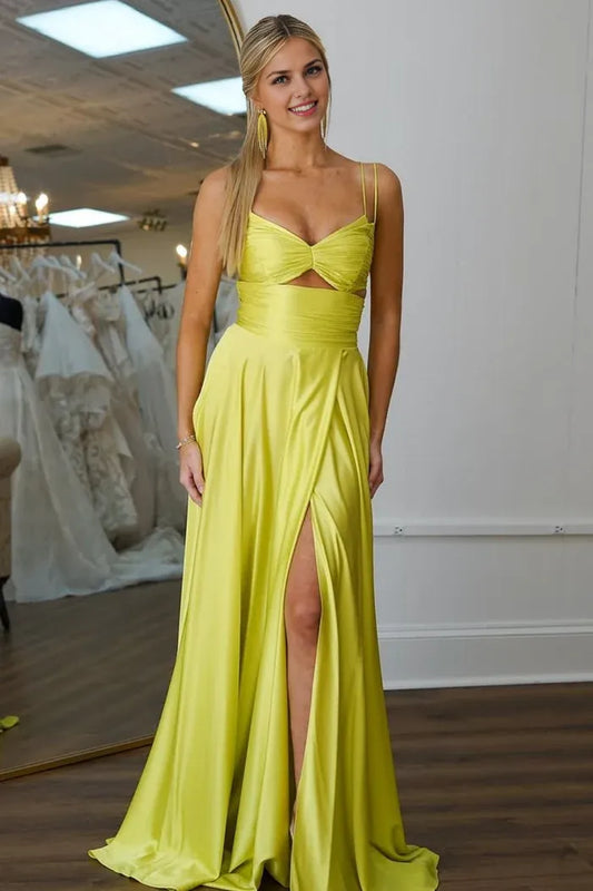 Dress Cute A-Line Yellow Spaghetti Straps Satin Maxi Dress Prom Dress With High Slit