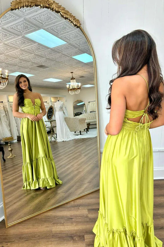 Dress Cute A Line Criss-cross Halter Ruffled Satin Sleeveless Long Floor Length Prom Dress