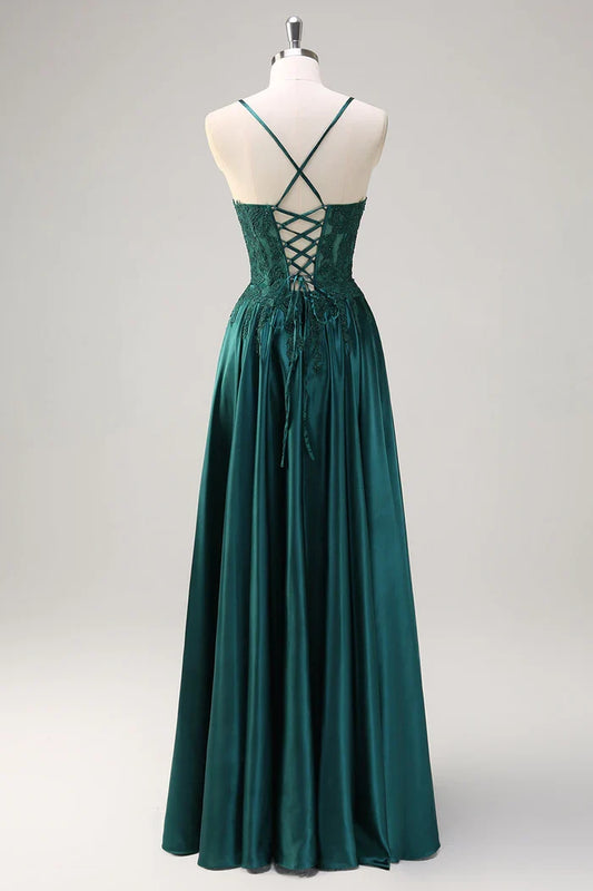 Dress Dark Green A-Line Spaghetti Straps Satin Beaded Maxi Dress Sleeveless With Appliques Prom Dress