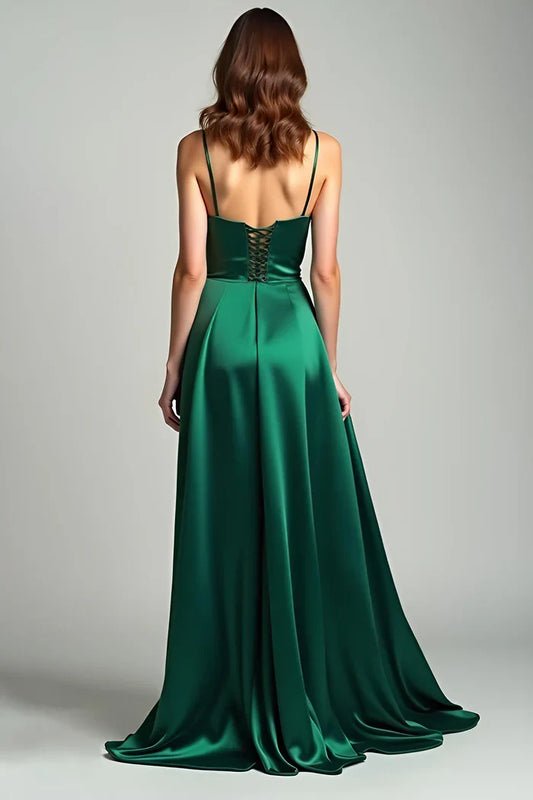 Dress Dark Green A Line Satin Spaghetti Straps Prom Dress With Lace Up