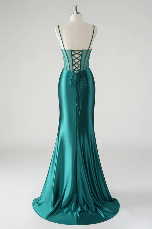 Dress Dark Green Mermaid Satin Spaghetti Straps Maxi Dress Prom Dress With Slit Evening Dress