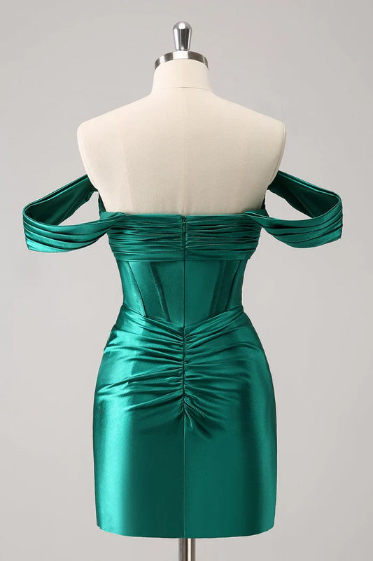 Dress Dark Green Tight Off the Shoulder Corset Satin Homecoming Dress Pleats Sleeveless Bow Party Dress