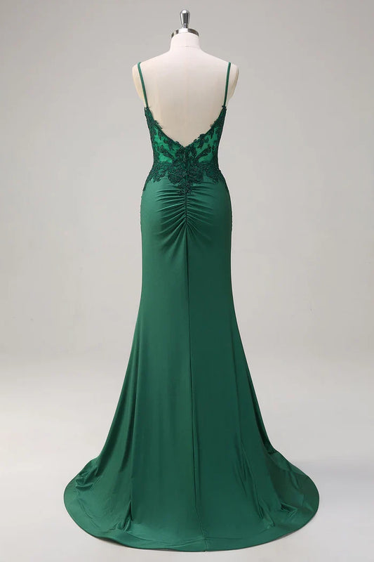 Dress Dark Green V-Neck Mermaid Applique Spaghetti Straps Maxi Dress Prom Dress Sweep Brush Train Evening Dress