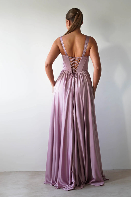 Dress Elegant A-Line Soft Satin Maxi Gown V Neck Sleeveless Ruched Lace Up Prom Dress