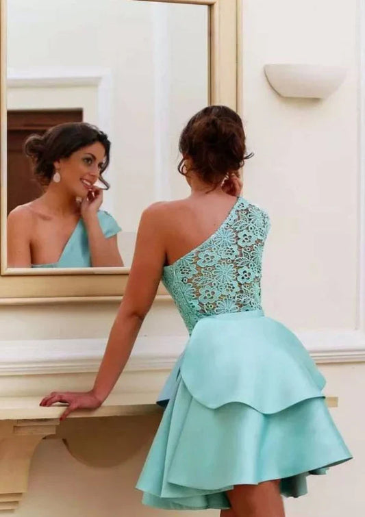 Dress Elegant A-line One-Shoulder Satin Cocktail Dress Homecoming Dress Ruffles Vintage Lace Party Dress