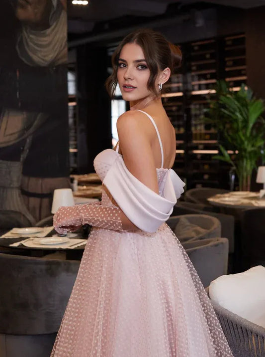 Dress Elegant A Line Off the Shoulder Light Pink Tulle Prom Dress Evening Dress Party Dress Gloves Not Included