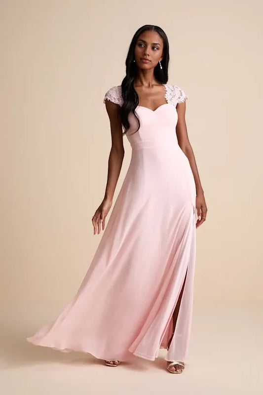 Dress Elegant Black Lace Backless Maxi Dress Evening Dress A-line Cap Sleeve Sweetheart Neck Slit Prom Dress