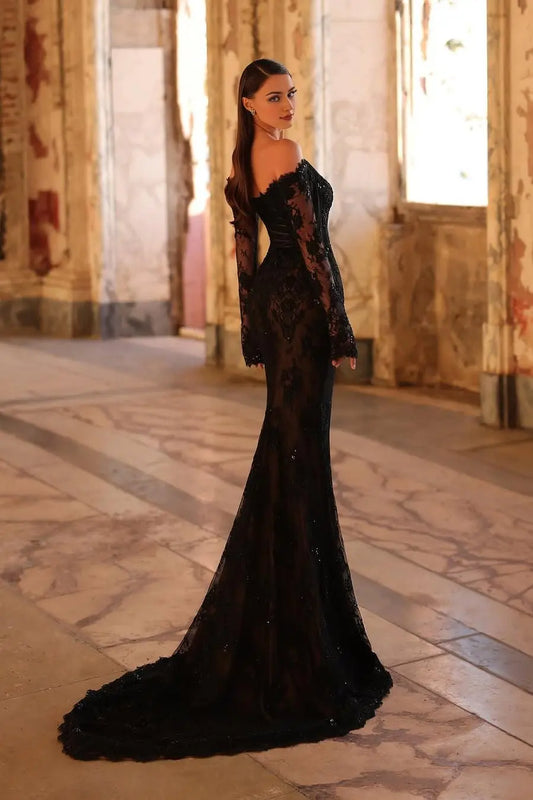 Dress Elegant Black Lace Long Sleeves Off the Shoulder Mermaid Maxi Dress Party Dress with Beadings Prom Dress