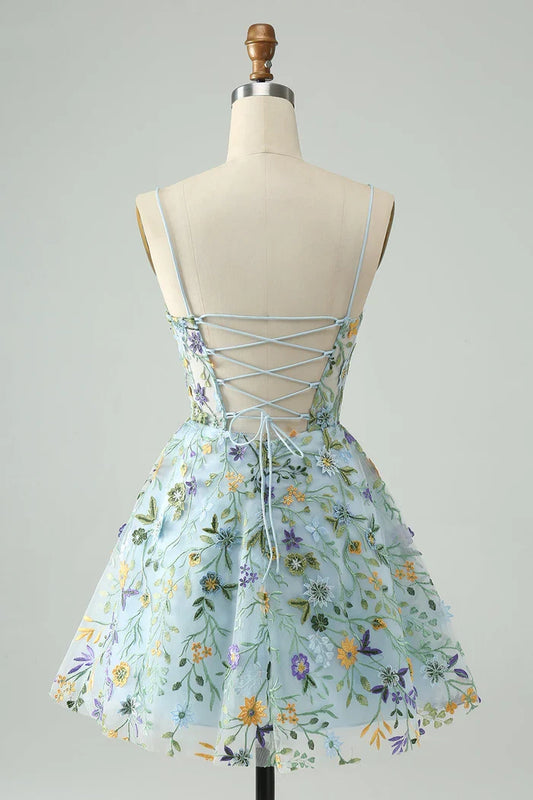 Dress Elegant Blue Flower A Line Corset Short Homecoming Dress Embroidery Party Dress