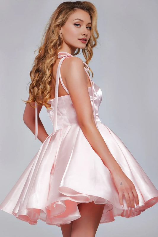 Dress Elegant Blush Satin Mini Dress Bow Strap Accents Sweetheart Neckline Flared Hem Showcasing Cute Allure Homecoming Dress