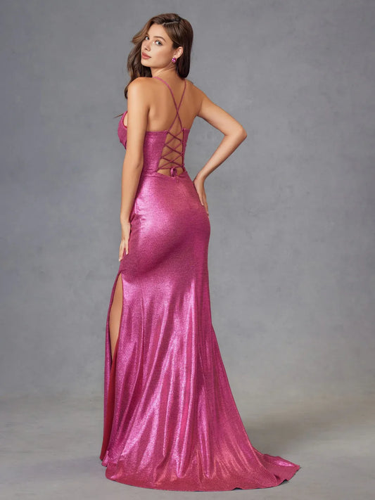 Dress Elegant Hot Pink Metallic Satin Dress With Spaghetti Straps Ruched Bodice And High Slit Showcasing Timeless Glamour Prom Dress