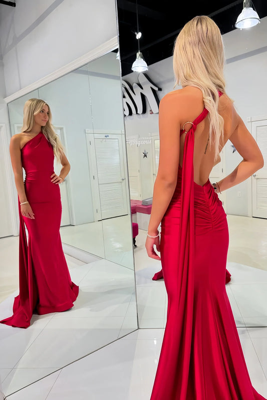 Dress Elegant Red Halter Mermaid Sleeveless Long Prom Dress Open Back Floor Length Party Gown