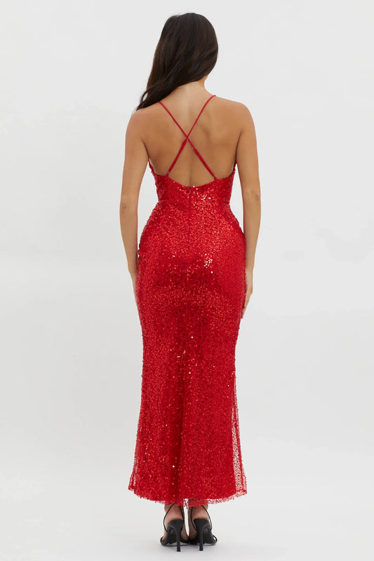 Dress Elegant Red Sequin Gown Plunging V Neck Detail Bodycon Fit and Floor Length Silhouette Prom Dress