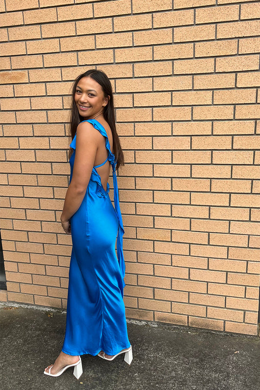 Dress Elegant Royal Blue Wide Straps Open Back Sleeveless Maxi Dress Ruched Ruffle Ankle Length Prom Dress