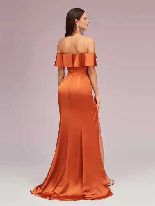 Dress Elegant Soft Satin Off Shoulder Long Mermaid Trumpet Graduation Sweep Brush Train Prom Dresses With Slit