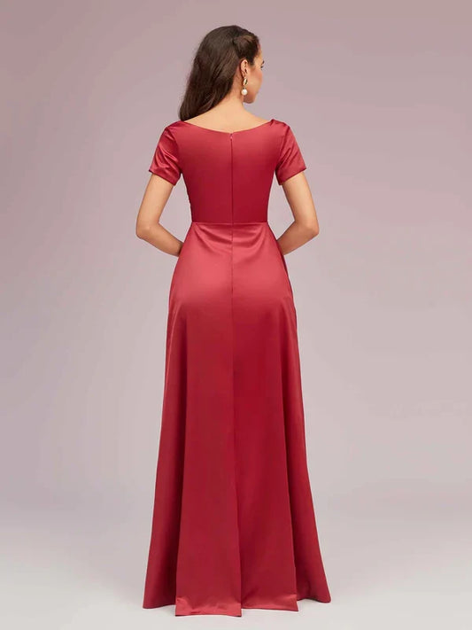 Dress Elegant V-Neck Short Sleeves Maxi Dress Soft Satin Party Pleated Prom Dresses With Slit