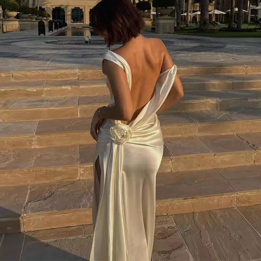 Dress Elegant V-neck Sleeveless Satin Party Dress Women Sexy Split Hollow Solid Evening Dress Fashion High Waist Draped Long Dresses