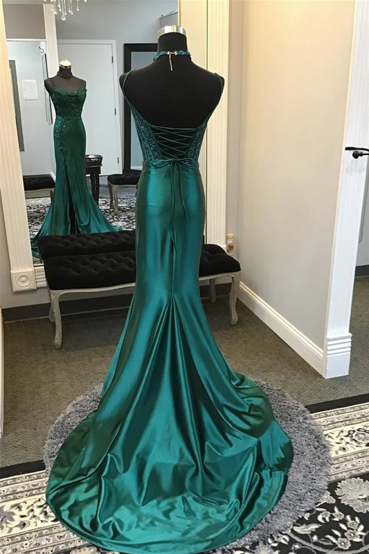 Dress Emerald Green Appliques Cowl Neck Long Dress Prom Dress