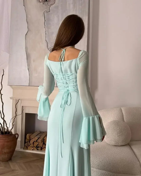 Dress Evening Dresses Mermaid Long Sleeves Prom Gowns Square Pleated Chiffon Floor Length Party Dress