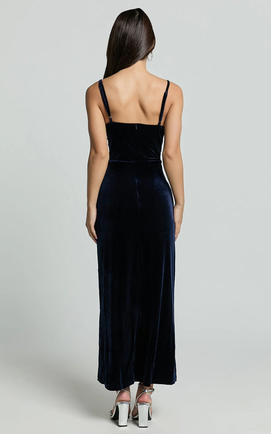 Dress Fashion Front Twist Thigh Split Velvet Midi Dress Navy Spaghetti Straps V Neck Sleeveless Evening Dress