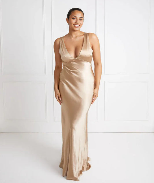 Dress Fashion Twist Back Satin Bridesmaid Dress Maxi Dress Solid Color Champagne Deep V Neck Column Prom Dress